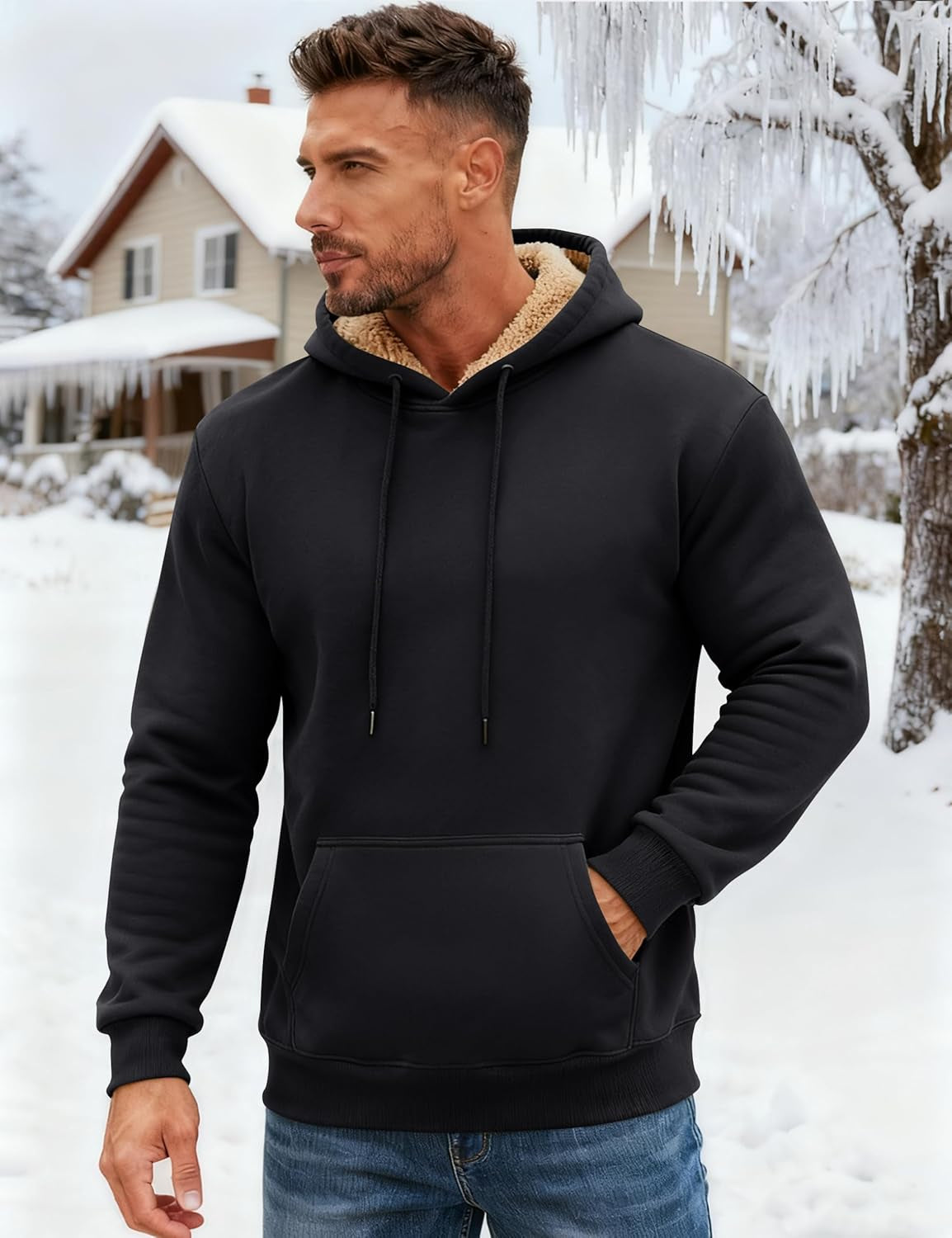 Men'S Heavy Hoodie Sherpa Fleece Lined Pullover Thick Winter Hooded Sweatshirt